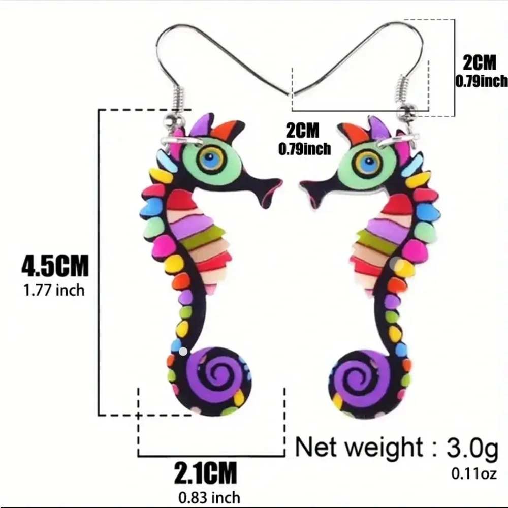 Cute Colorful Seahorse Design Dangle Earrings Bohemian Ocean Style‎ Acrylic